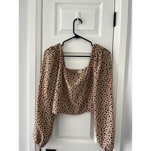 Tan Black Dalmation Spot Print Square Neck‎ Smocked Crop Top Long Sleeve Large